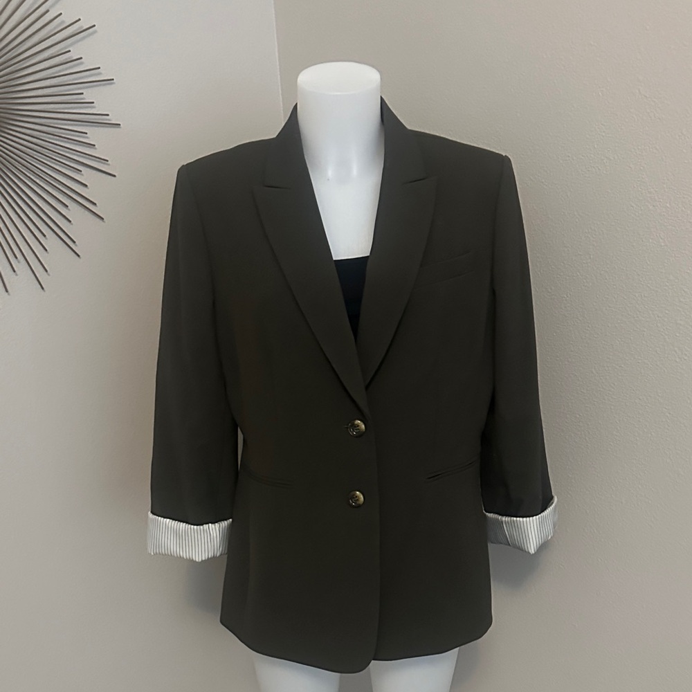 Tahari Dark Olive Blazer with Striped Cuffs